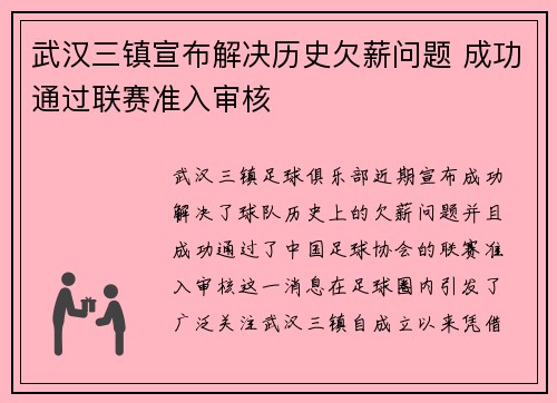 武汉三镇宣布解决历史欠薪问题 成功通过联赛准入审核